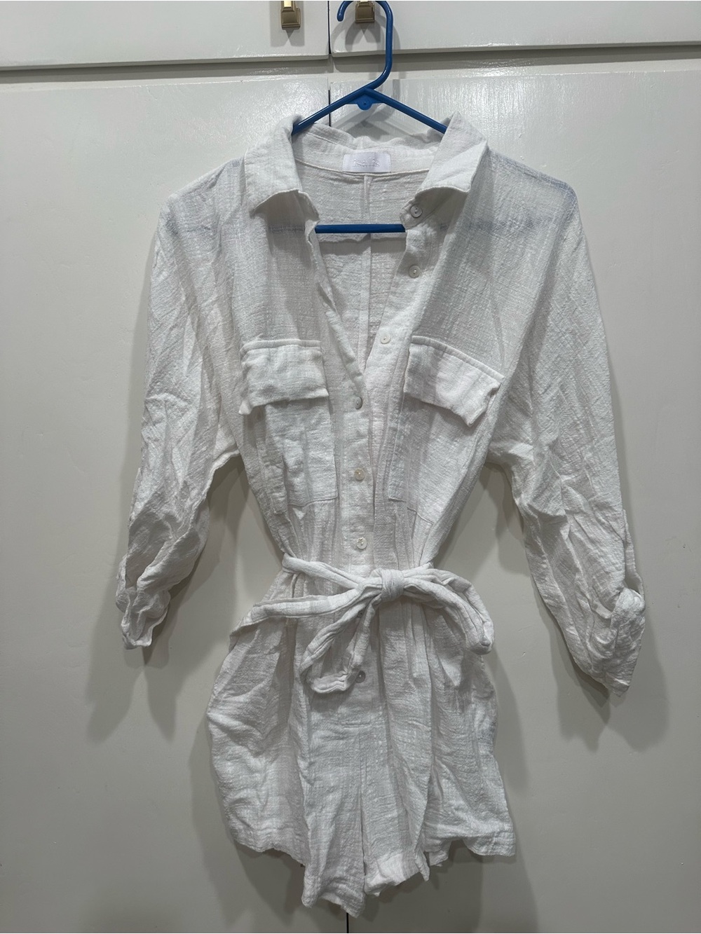Isalis White Linen Button-Front Tie-Waist Romper